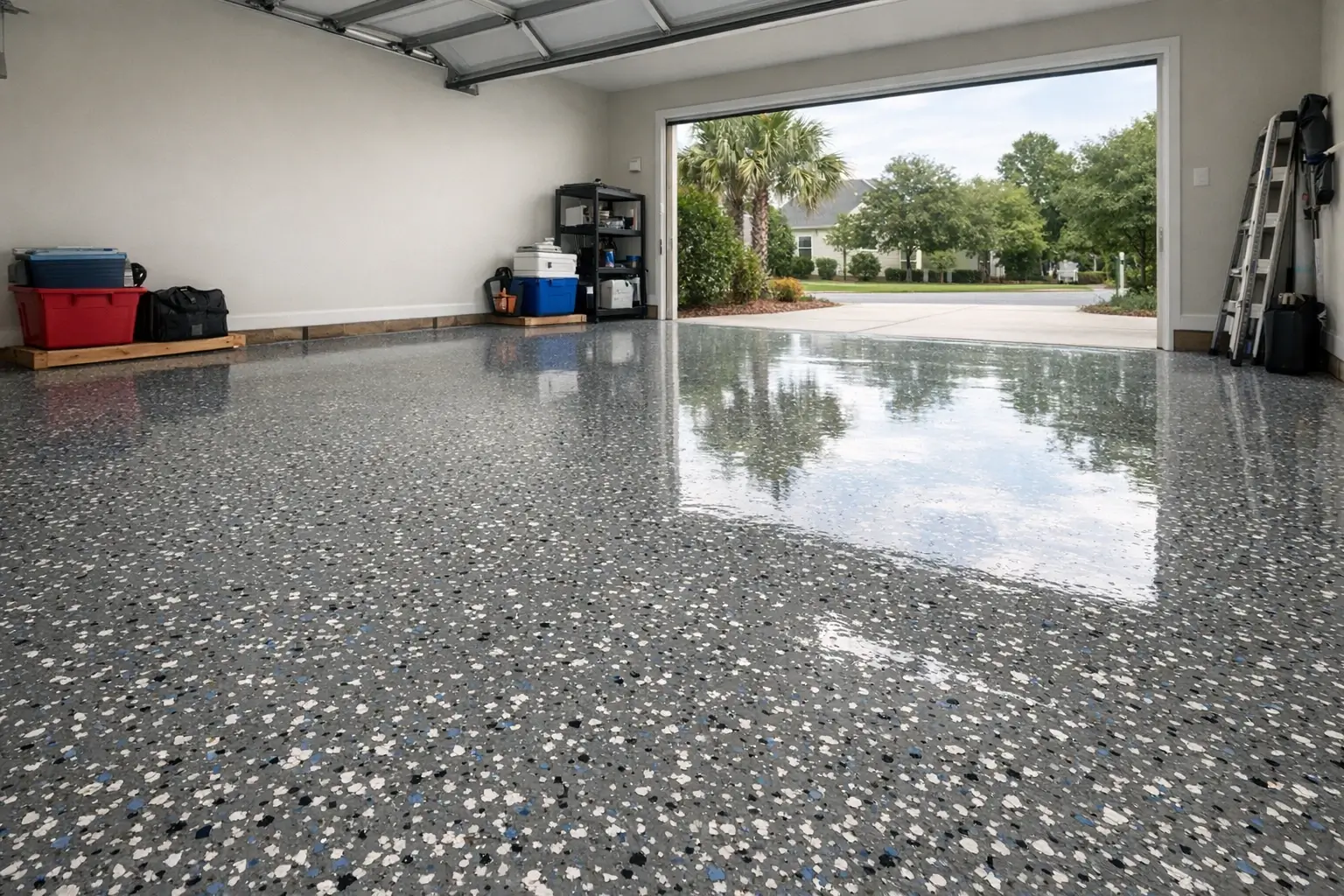 Epoxy garage floor coating with decorative flakes