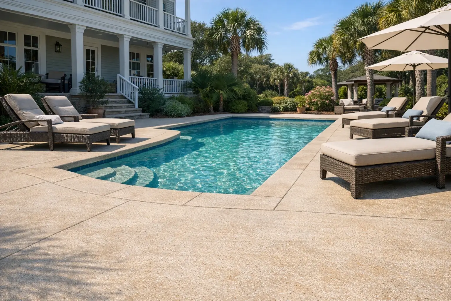Cool deck spray coating on a pool deck