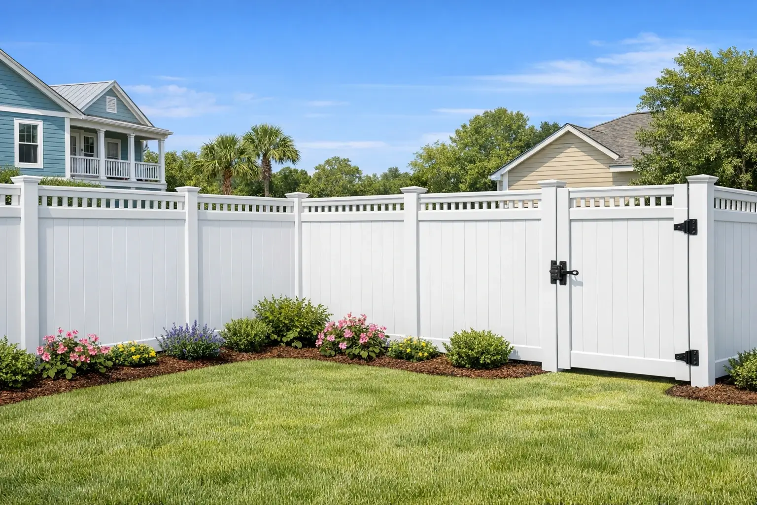New white vinyl privacy fence installation