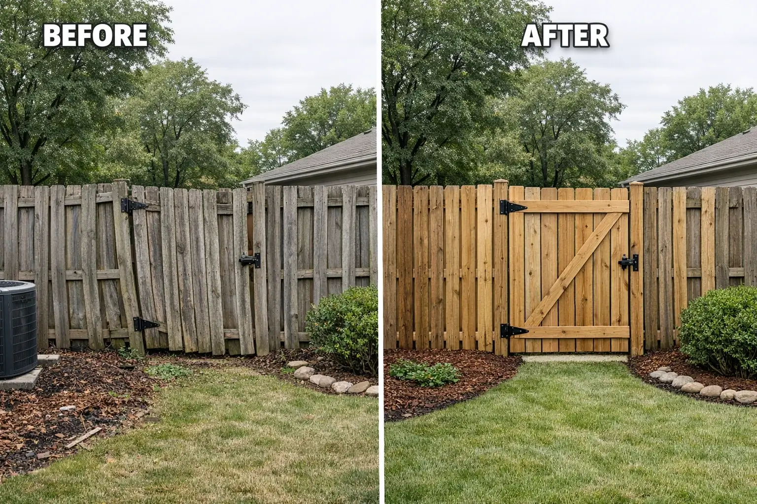 Fence repair work replacing damaged panels