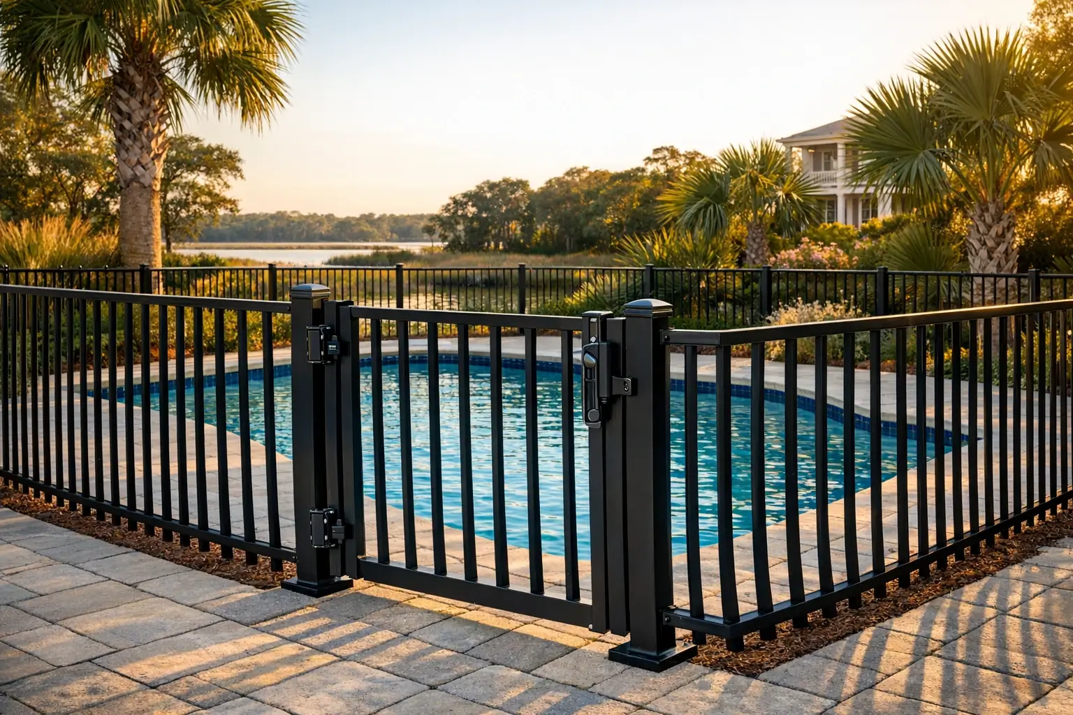 Black aluminum pool fence with safety gate