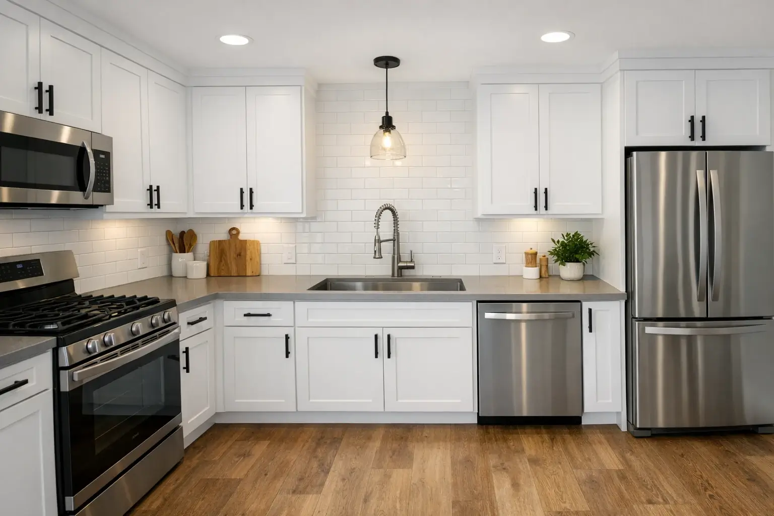 Updated kitchen with white shaker cabinets, quartz countertops, and tile backsplash
