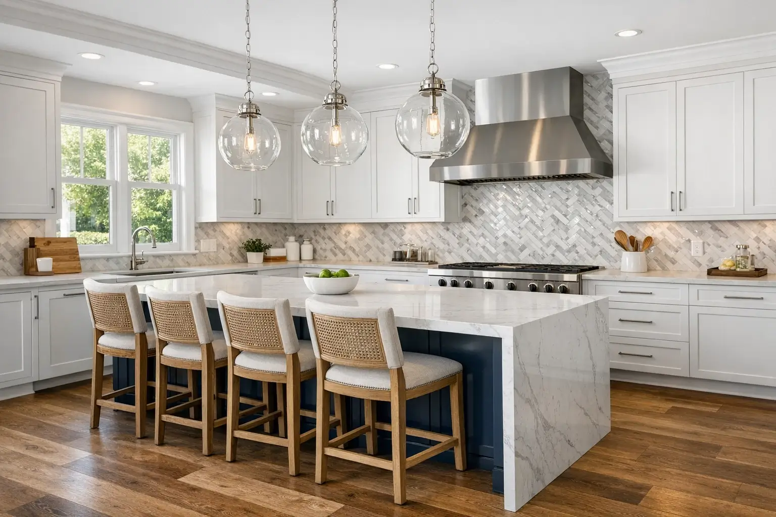 Full kitchen remodel with island, new cabinets, countertops, and lighting