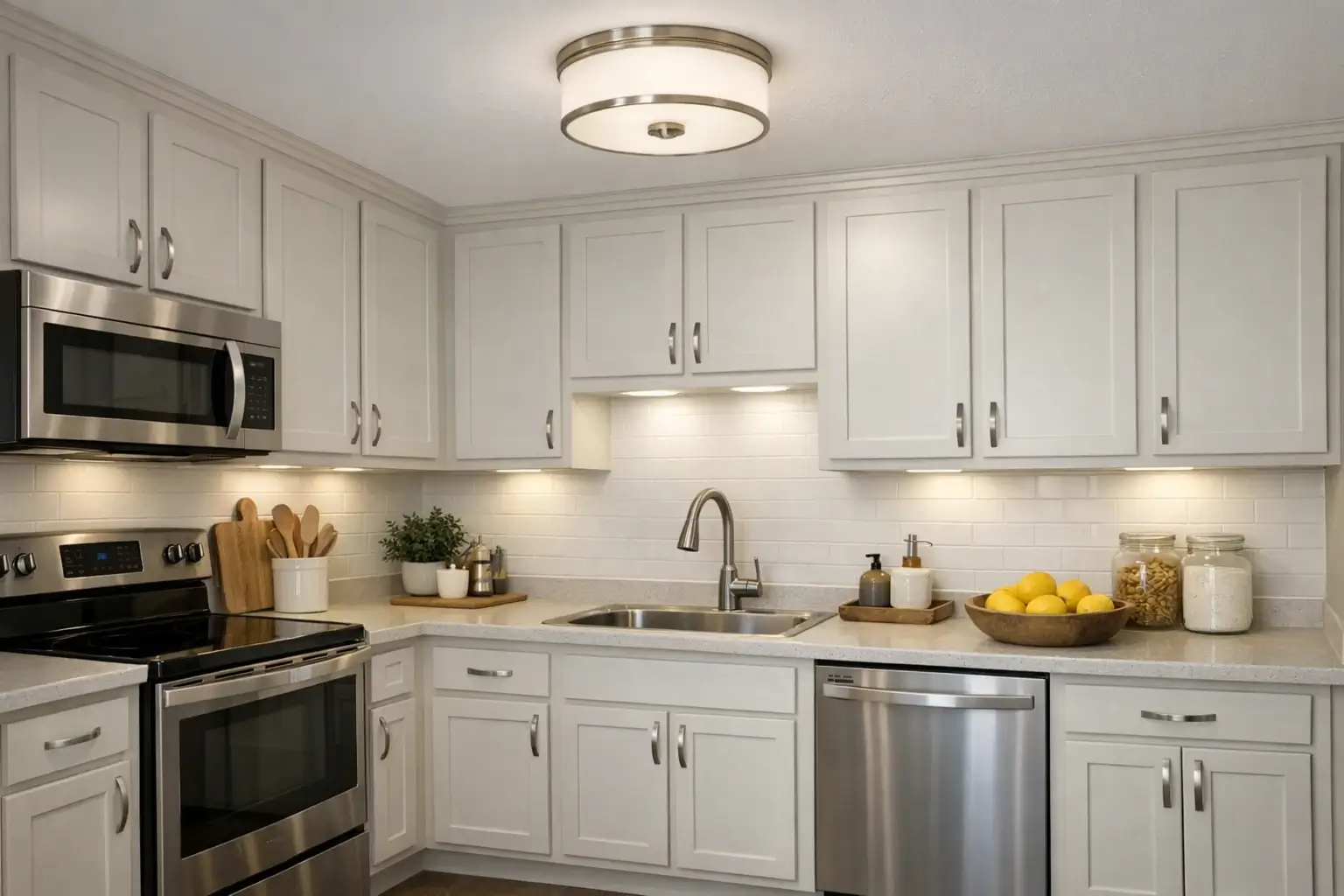Kitchen refresh with painted cabinets, new hardware, and updated lighting