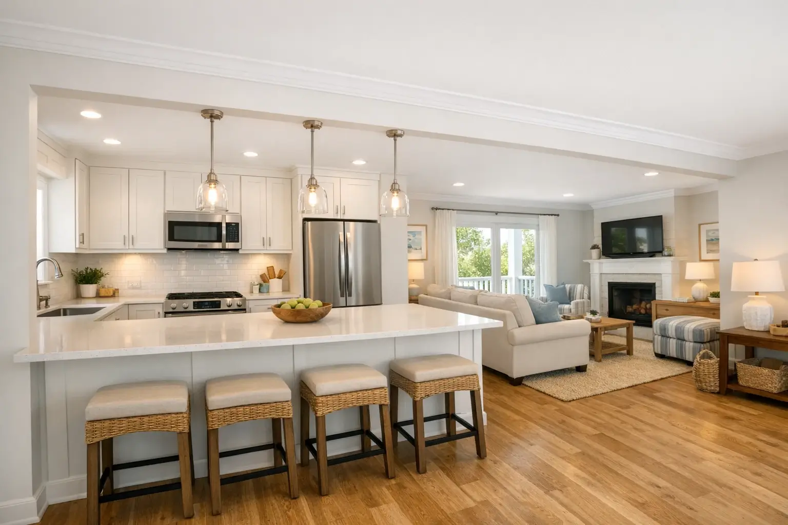 Open concept kitchen with island and wall removed to living room
