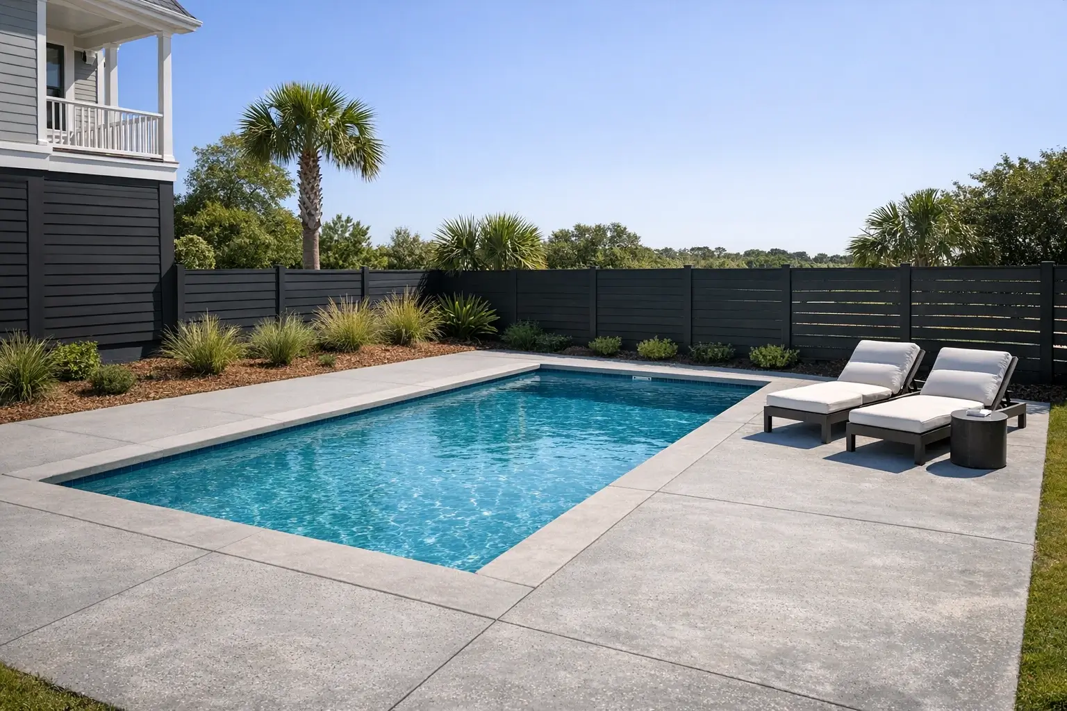 Backyard inground pool with simple surrounding deck and seating area