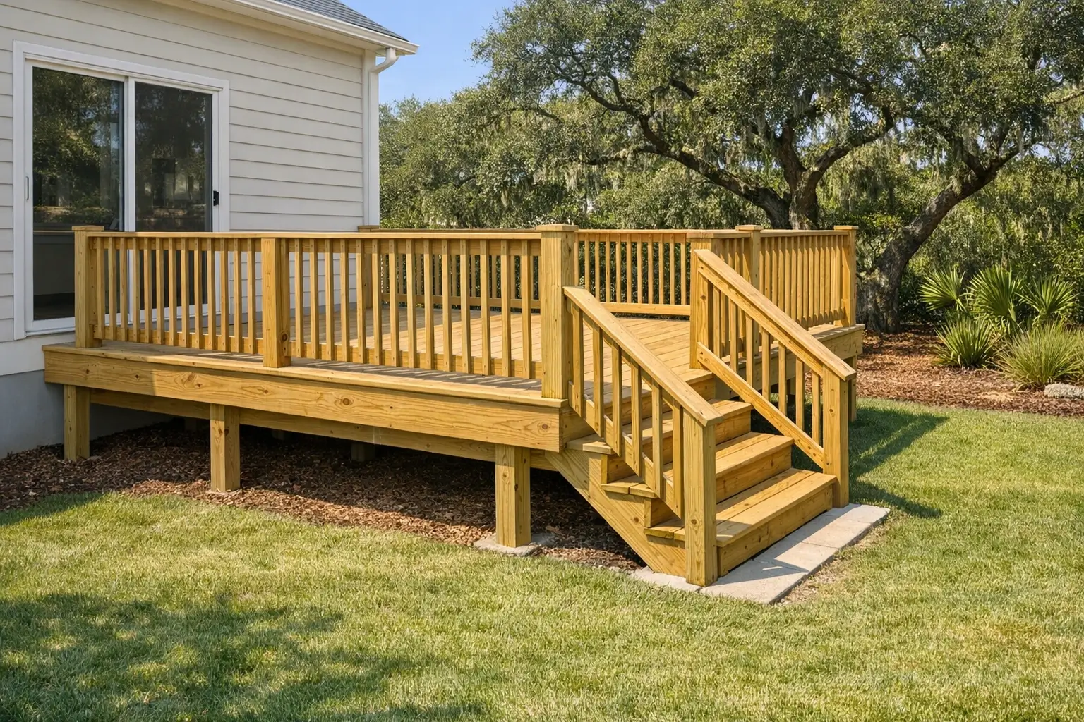 New pressure-treated wood deck with stairs and railings