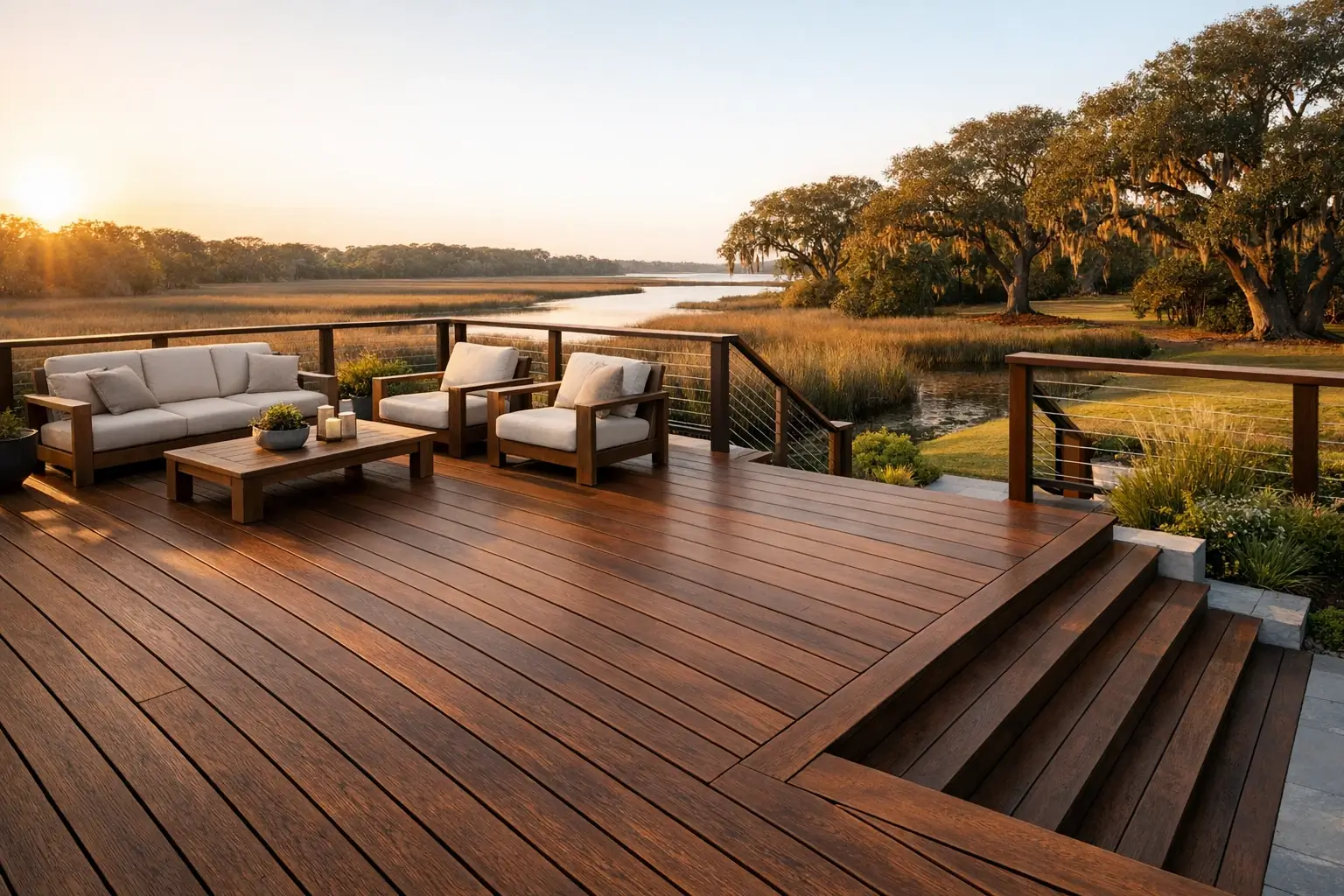 Large composite or hardwood deck with seating area