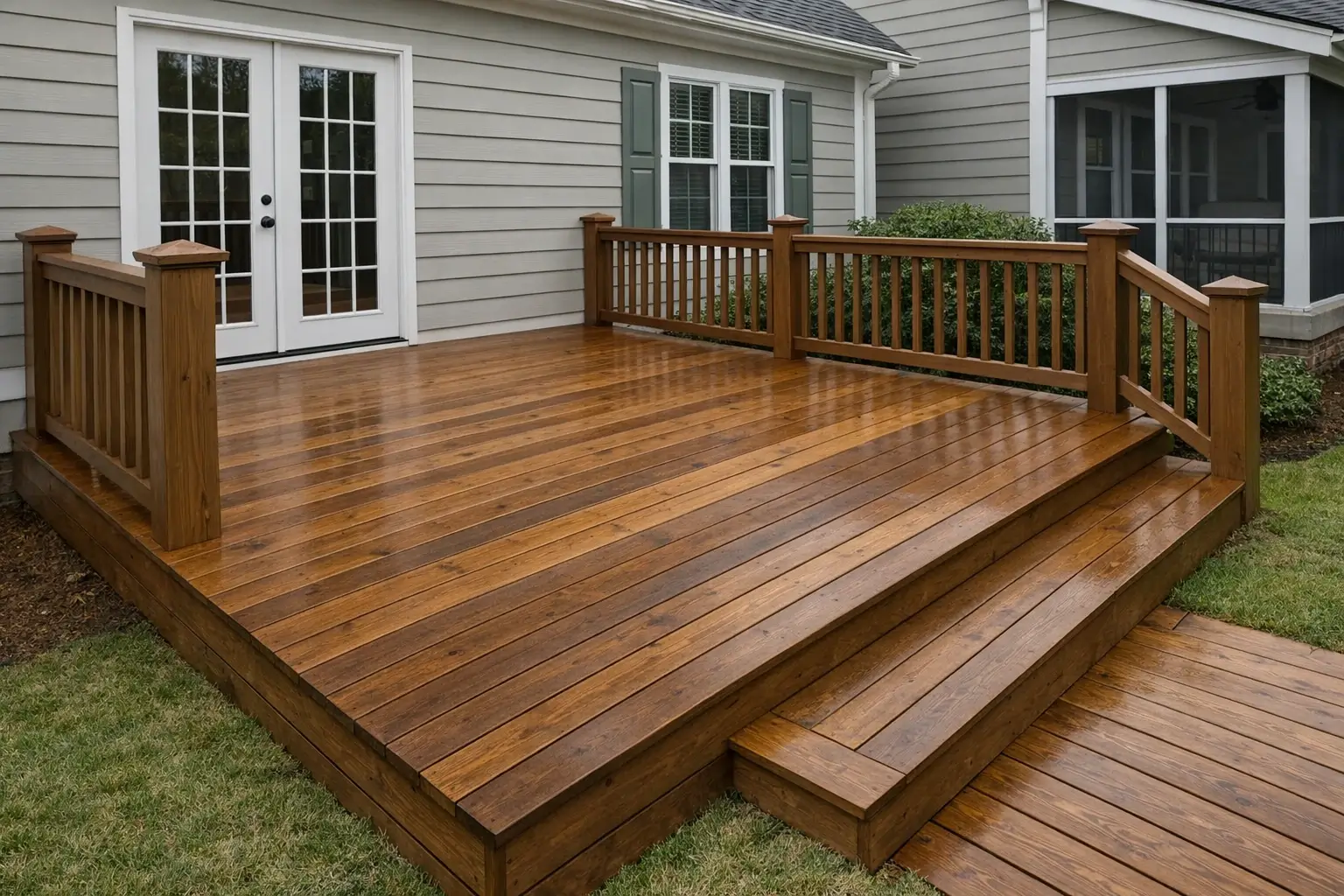 Existing wood deck with repaired boards and refreshed finish