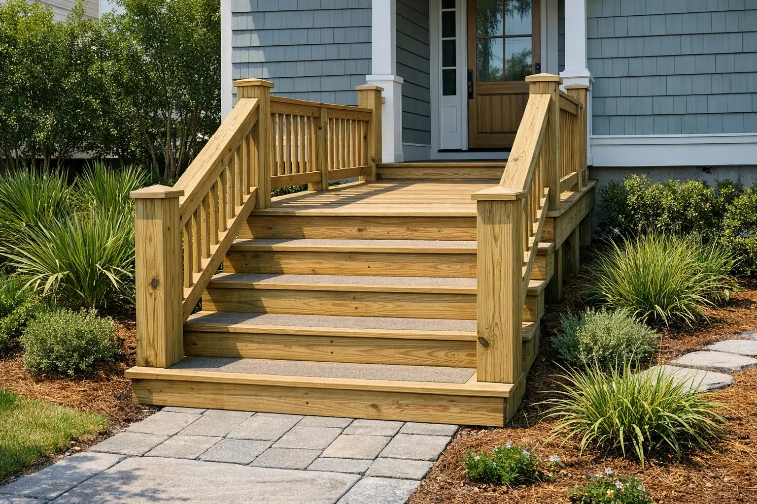 Exterior wood stairs and walkway with sturdy handrails